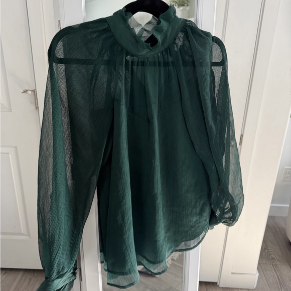 By The River Tops - Sheer High-Neck Blouse in Forest Green